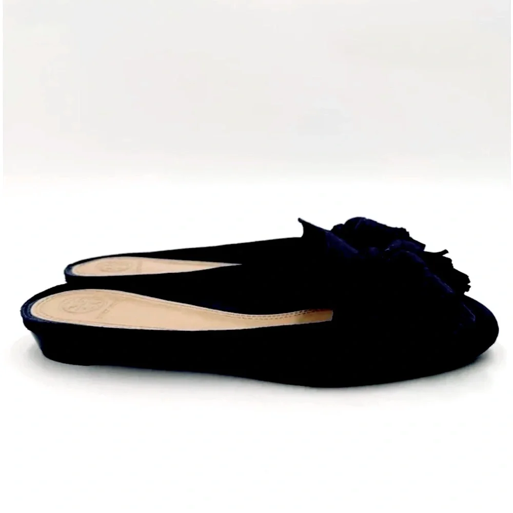 Tory Burch Salinas Tassel Mule Black Suede Slide Size 9